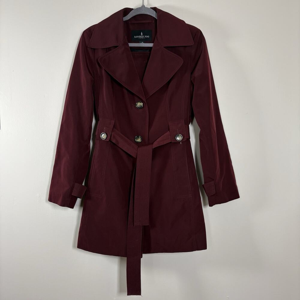 London Fog Women's Belted Trench Coat Burgundy Wine Maroon Jacket Size M